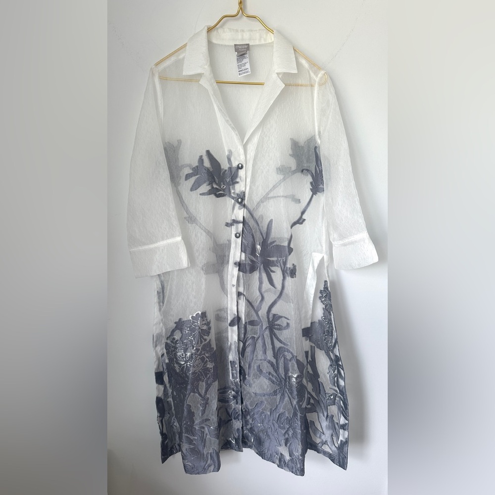 Chico's White Sheer Long Floral Button-Front Trench